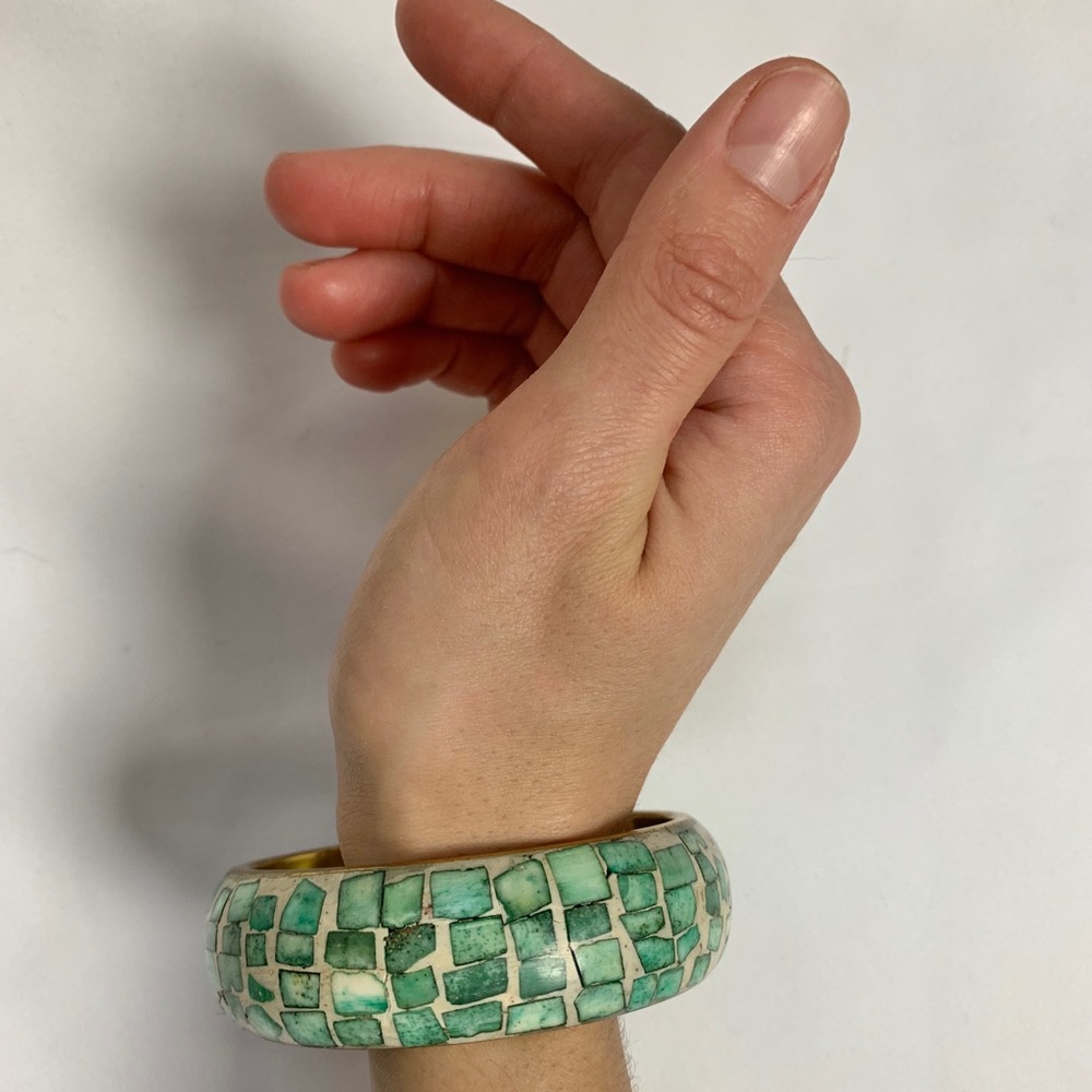 Vtg Stone&Brass Bangle Bracelet